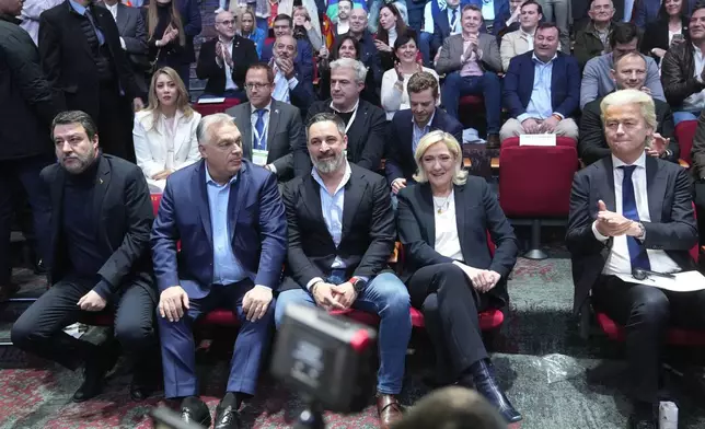 Spanish far-right VOX party leader Santiago Abascal, centre, sits with European far-right politicians during Patriots for Europe summit in Madrid, Spain, Saturday, Feb. 8, 2025. From left, Italy's vice Premier Matteo Salvini, Hungarian Prime Minister Viktor Orban, far-right VOX party leader Santiago Abascal, French far-right leader Marine Le Pen and Dutch far right wing politician Geert Wilders.(AP Photo/Paul White)