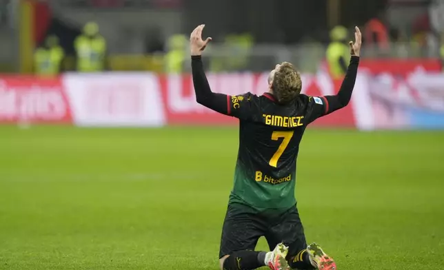 AC Milan's Santiago Gimenez celebrates after scoring the opening goal of the game during the Italian Serie A soccer match between AC Milan and Hellas Verona, at the San Siro Stadium in Milan, Italy, Saturday, Feb.15, 2025. (AP Photo/Luca Bruno)