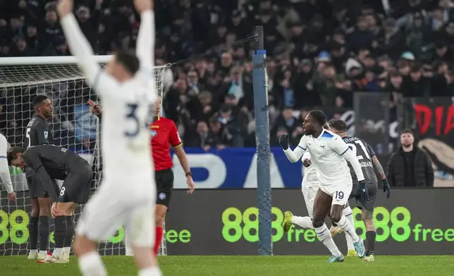 Lazio's Boulaye Dia (19) celebrates scoring his side's 2nd goal during a Serie A soccer match between Lazio and Napoli in Rome, Italy, Saturday, Feb. 15, 2025. (AP Photo/Andrew Medichini)