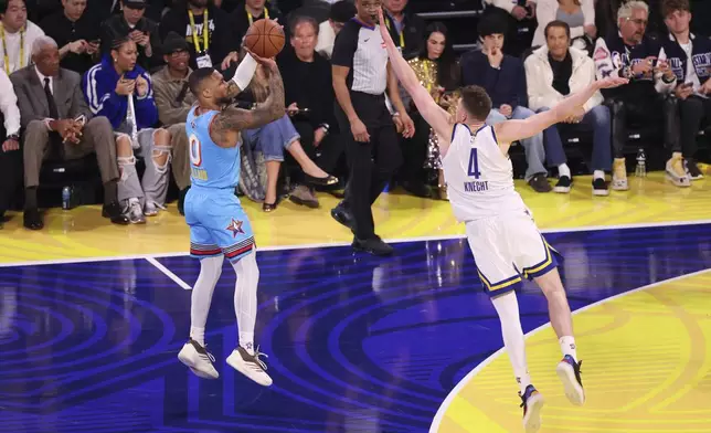 Milwaukee Bucks guard Damian Lillard shoots over Los Angeles Lakers forward Dalton Knecht during the NBA All-Star basketball game Sunday, Feb. 16, 2025, in San Francisco. (AP Photo/Jed Jacobsohn)