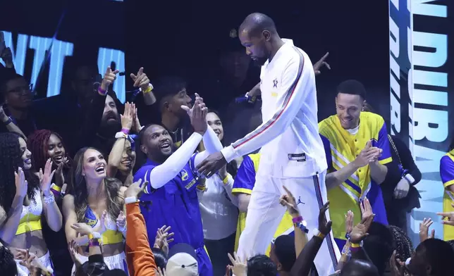 Phoenix Suns forward Kevin Durant is introduced during the NBA All-Star basketball game Sunday, Feb. 16, 2025, in San Francisco. (AP Photo/Jed Jacobsohn)
