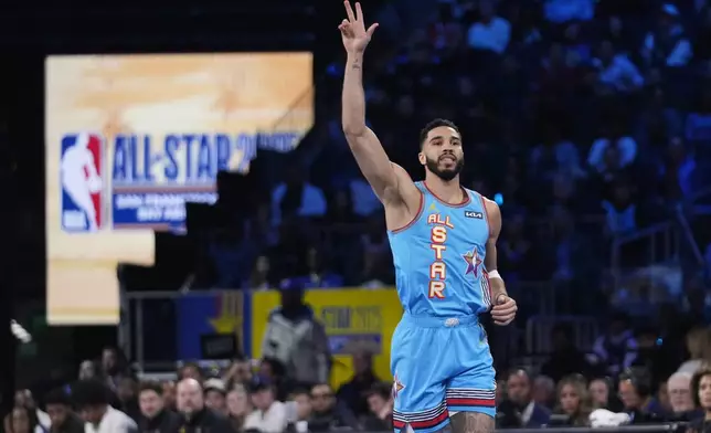 Boston Celtics guard Jayson Tatum celebrates during the NBA All-Star basketball game Sunday, Feb. 16, 2025, in San Francisco. (AP Photo/Godofredo A. Vásquez)