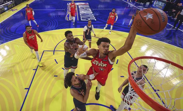San Antonio Spurs center Victor Wembanyama, center, dunks next to Memphis Grizzlies forward Jaren Jackson Jr. during the NBA basketball All-Star game Sunday, Feb. 16, 2025, in San Francisco. (Ezra Shaw/Pool Photo via AP)