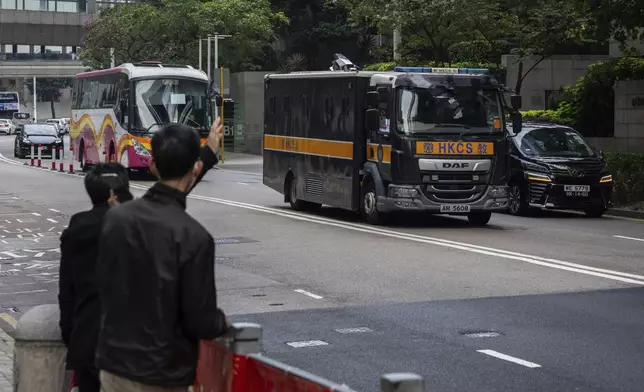 CORRECTS THE YEAR - A Correctional Services prison van arrives at the District Court ahead of the sentencing on a riot case involving a former pro-democracy lawmaker Lam Cheuk-ting in Wan Chai, Hong Kong on Thursday, Feb. 27, 2025. (AP Photo/Chan Long Hei)