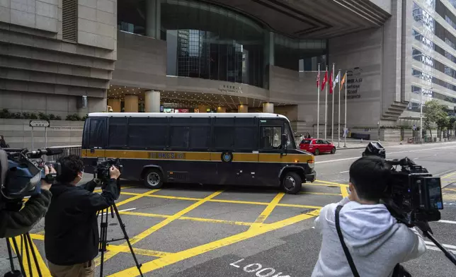 CORRECTS THE YEAR - A Correctional Services prison van arrives at the District Court ahead of the sentencing on a riot case involving a former pro-democracy lawmaker Lam Cheuk-ting in Wan Chai, Hong Kong on Thursday, Feb. 27, 2025. (AP Photo/Chan Long Hei)