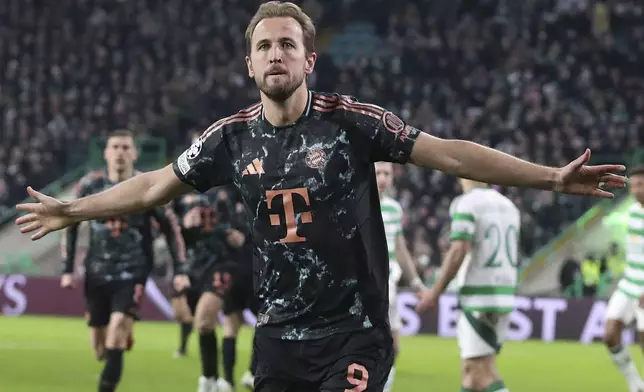 Bayern's Harry Kane celebrates after scoring his side's second goal during the Champions League play off first leg soccer match between Celtic Glasgow and Bayern Munich at the Celtic Park Stadium in Glasgow, Scotland, Wednesday, Feb. 12, 2025. (AP Photo/Scott Heppell)