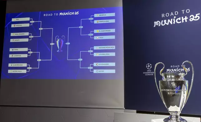 The group formations are shown on an electronic panel next to the Champions League trophy after the UEFA Champions League round of 16, quarter-final and semi-final draws, at the UEFA headquarters in Nyon, Switzerland, Friday, Feb. 21, 2025. (Salvatore Di Nolfi/Keystone via AP)