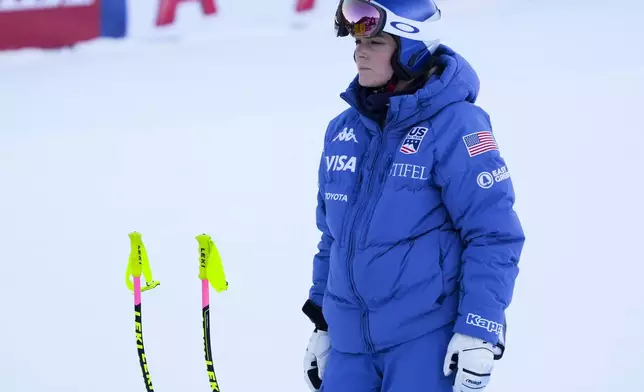 United States' Lindsey Vonn at the race inspection ahead of a women's Super-G, at the Alpine Ski World Championships, in Saalbach-Hinterglemm, Austria, Thursday, Feb. 6, 2025. (AP Photo/Giovanni Auletta)