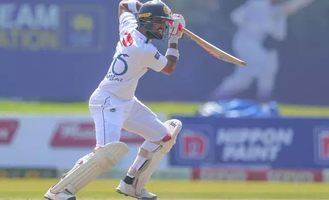 Sri Lanka's Dinesh Chandimal plays a shot during the second test cricket match between Sri Lanka and Australia in Galle , Sri Lanka, Thursday, Feb. 6, 2025. (AP Photo/Lahiru Harshana)