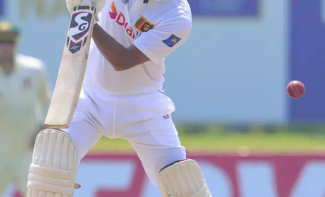 Sri Lanka's Dimuth Karunaratne plays a shot during the second test cricket match between Sri Lanka and Australia in Galle , Sri Lanka, Thursday, Feb. 6, 2025. (AP Photo/Lahiru Harshana)