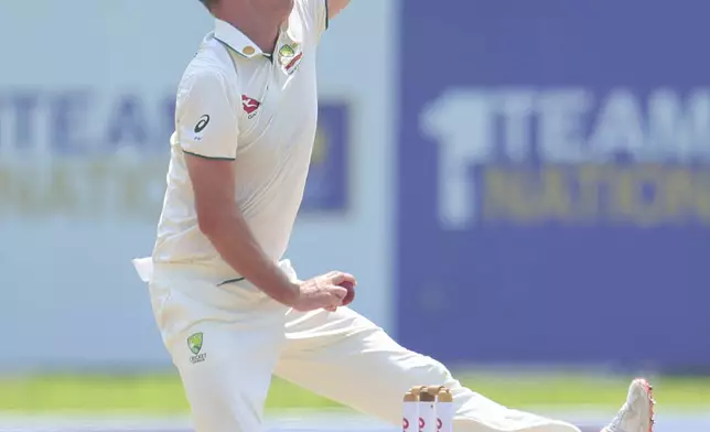 Australia's Beau Webster bowls a delivery during the second test cricket match between Sri Lanka and Australia in Galle , Sri Lanka, Thursday, Feb. 6, 2025. (AP Photo/Lahiru Harshana)