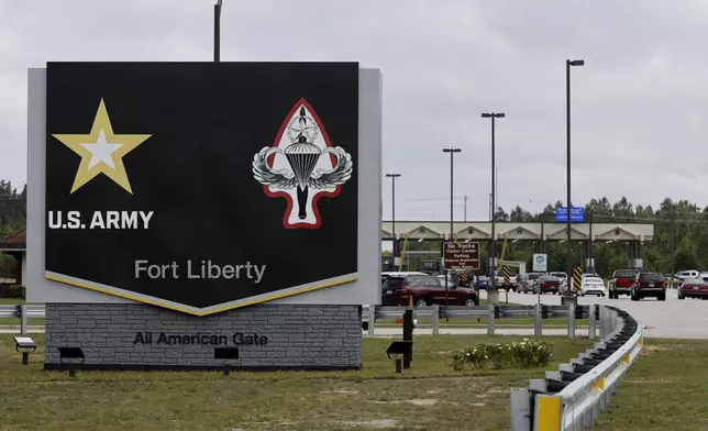 FILE - The new Fort Liberty sign is displayed outside the base on Friday, June 2, 2023 in Fort Liberty, N.C. (AP Photo/Karl B DeBlaker, File)