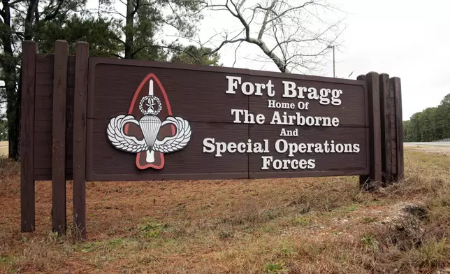 FILE - In this Jan. 4, 2020, file photo a sign for Fort Bragg, N.C., is shown. (AP Photo/Chris Seward, File)