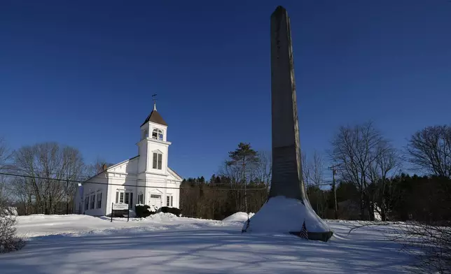 A memorial for the town's namesake, Arthur Noble II, is seen in a park across the street from the First Baptist Church in Nobleboro, Maine, Tuesday, Feb.. 11, 2025, in Nobleboro. (AP Photo/Robert F. Bukaty)