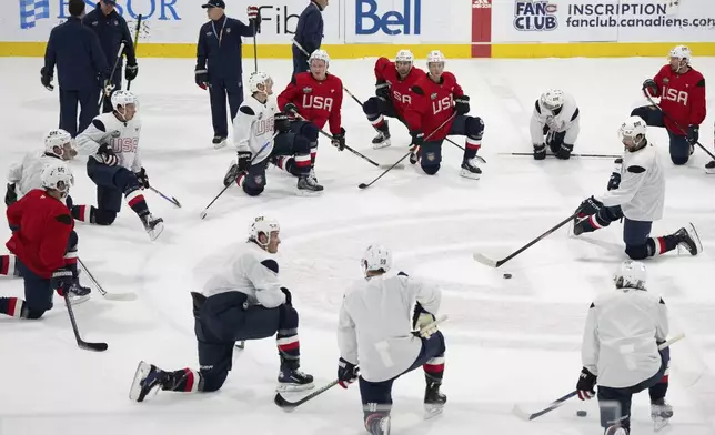 United States Austin Matthews and teammates take part in a 4 Nations Face-Off hockey practice in Brossard, Quebec, on Monday, Feb. 10, 2025. (Christinne Muschi/The Canadian Press via AP)