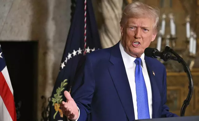 President Donald Trump speaks at Mar-a-Lago in Palm Beach, Fla., Tuesday, Feb. 18, 2025. (Pool via AP)