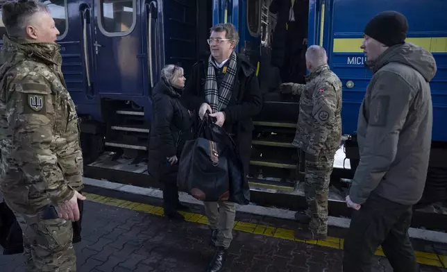 Denmark's Minister of Defence Troels Lund Poulsen arrives in Kyiv on the third anniversary of Russia's invasion of Ukraine, Monday, Feb. 24, 2025. (Bo Amstrup/Ritzau Scanpix/Ritzau Scanpix via AP)