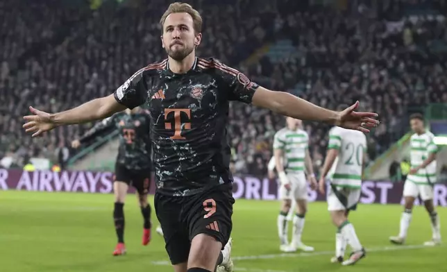 Bayern's Harry Kane celebrates after scoring his side's second goal during the Champions League play off first leg soccer match between Celtic Glasgow and Bayern Munich at the Celtic Park Stadium in Glasgow, Scotland, Wednesday, Feb. 12, 2025. (AP Photo/Scott Heppell)