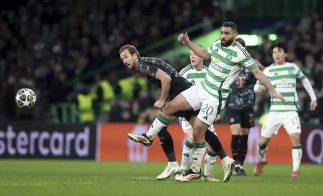 Bayern's Harry Kane heads the ball besides Celtic's Cameron Carter-Vickers during the Champions League play off first leg soccer match between Celtic Glasgow and Bayern Munich at the Celtic Park Stadium in Glasgow, Scotland, Wednesday, Feb. 12, 2025. (AP Photo/Scott Heppell)