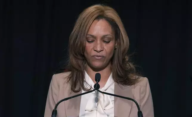 Deborah Flint, CEO of Greater Toronto Airports Authority, addresses the media at Toronto Pearson Airport, Tuesday Feb. 18, 2025. (Chris Young/The Canadian Press via AP)
