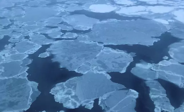 FILE - Ice is visible in the Bering Sea Jan. 22, 2020, as seen from a small plane airplane near the western Alaska coast. (AP Photo/Mark Thiessen, File)