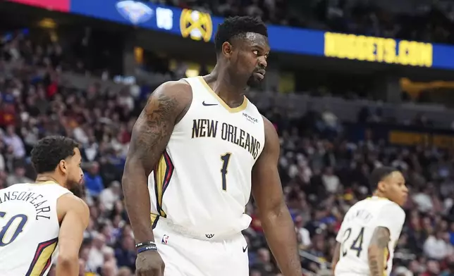 New Orleans Pelicans forward Zion Williamson heads (1) to the bench in the first half of an NBA basketball game against the Denver Nuggets, Monday, Feb. 3, 2025, in Denver. (AP Photo/David Zalubowski)