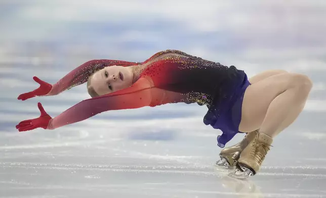 Kyrgyzstan's Daria Snegovskaia performs during the women single skating free skating at the 9th Asian Winter Games in Harbin, China on Thursday, Feb. 13, 2025. (AP Photo/Aaron Favila)