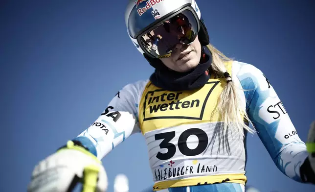 United States' Lindsey Vonn gets ready to start an alpine ski, women's World Championship downhill training, in Saalbach-Hinterglemm, Austria, Tuesday, Feb. 4, 2025. (AP Photo/Gabriele Facciotti)