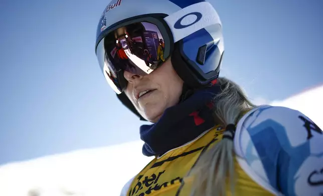 United States' Lindsey Vonn gets ready to start an alpine ski, women's World Championship downhill training, in Saalbach-Hinterglemm, Austria, Tuesday, Feb. 4, 2025. (AP Photo/Gabriele Facciotti)