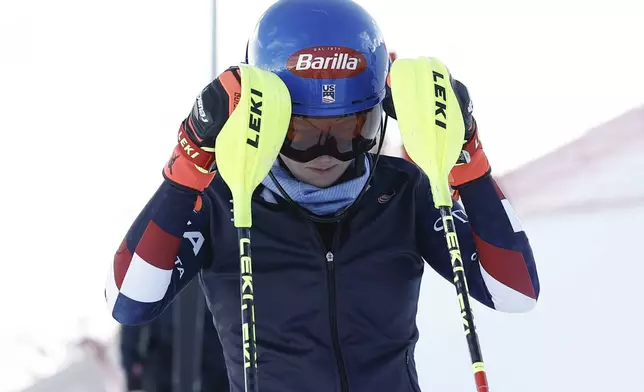 United States' Mikaela Shiffrin ahead of a women's World Cup slalom, in Courchevel, France, Thursday Jan. 30, 2025. (AP Photo/Gabriele Facciotti)