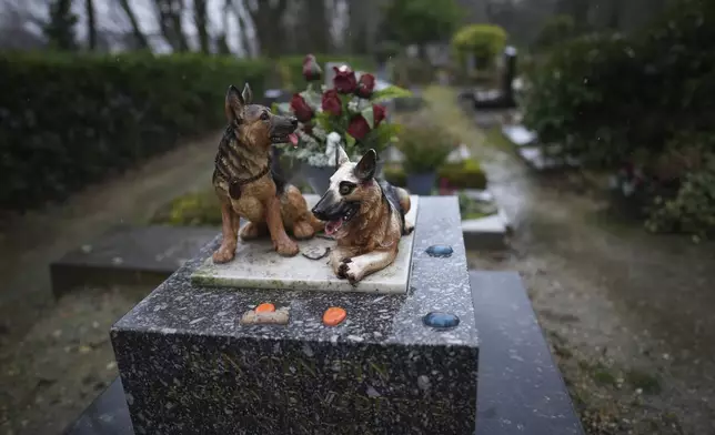 Sculptures are seen at the dog cemetery in Asnières-sur-Seine, outside Paris, Tuesday, Feb. 25, 2025. (AP Photo/Christophe Ena)