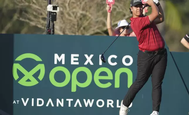 Aldrich Potgieter, of South Africa, watches his tee shot on the second hole during the second round of the Mexico Open golf tournament in Puerto Vallarta, Mexico, Friday, Feb. 21, 2025. (AP Photo/Fernando Llano)