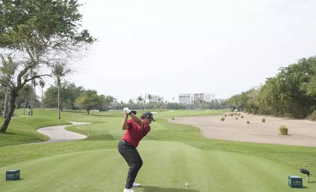 Aldrich Potgieter, of South Africa, tees off on the 16th hole during the second round of the Mexico Open golf tournament in Puerto Vallarta, Mexico, Friday, Feb. 21, 2025. (AP Photo/Fernando Llano)