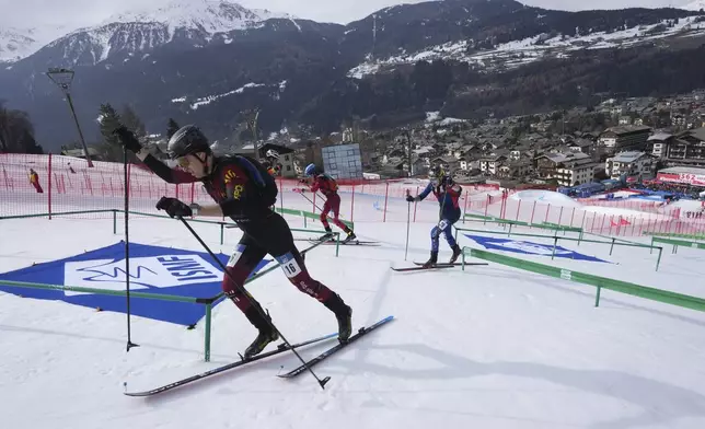 Athletes compete during the men's sprint race at the Ski Mountaineering World Cup event in Bormio, Italy, Saturday, Feb. 22, 2025. (AP Photo/Antonio Calanni)