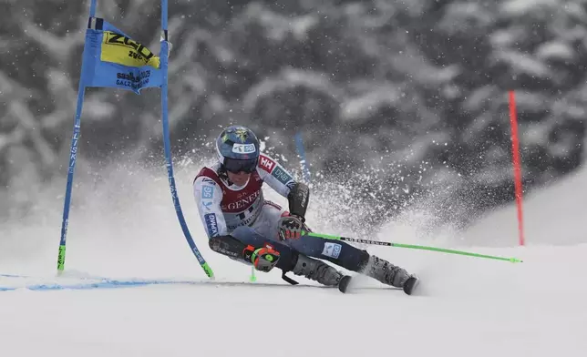 Norway's Timon Haugan competes in a men's giant slalom, at the Alpine Ski World Championships, in Saalbach-Hinterglemm, Austria, Friday, Feb. 14, 2025. (AP Photo/Marco Trovati)