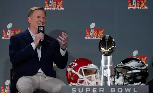 NFL commissioner Roger Goodell speaks during a news conference, Monday, Feb. 3, 2025, in New Orleans, ahead of the NFL Super Bowl 59 football game between the Philadelphia Eagles and the Kansas City Chiefs. (AP Photo/Matt York)