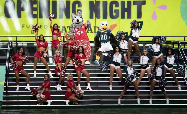 Cheerleaders perform during Super Bowl 59 Opening Night, Monday, Feb. 3, 2025, in New Orleans, ahead of the NFL football game between the Philadelphia Eagles and the Kansas City Chiefs Sunday. (AP Photo/Matt York)