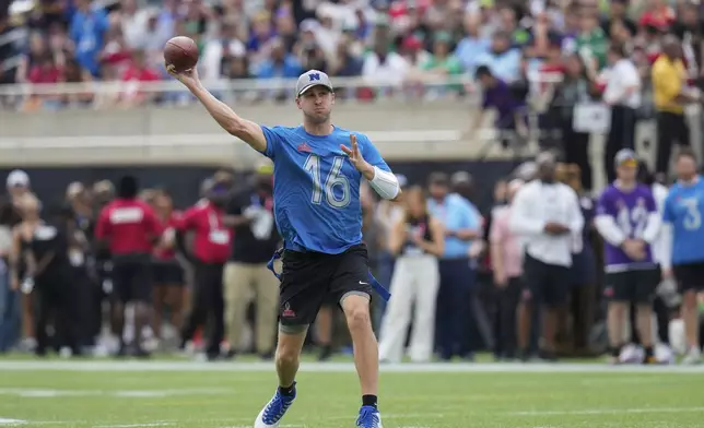 NFC quarterback Jared Goff (16), of the Detroit Lions, passes during the flag football event at the NFL Pro Bowl, Sunday, Feb. 2, 2025, in Orlando. (AP Photo/Chris O'Meara)
