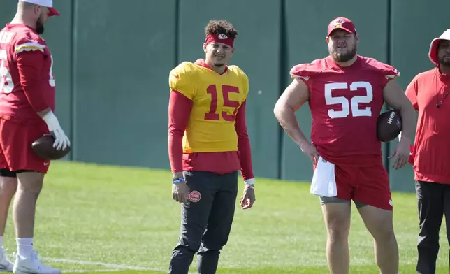 Kansas City Chiefs quarterback Patrick Mahomes (15) warms up during an NFL football practice Wednesday, Feb. 5, 2025, in New Orleans, ahead of Super Bowl 59 against the Philadelphia Eagles. (AP Photo/Brynn Anderson)