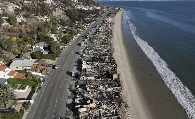 FILE - An aerial view shows the devastation from the Palisades Fire on beachfront homes Wednesday, Jan. 15, 2025 in Malibu, Calif. (AP Photo/Jae C. Hong, File)