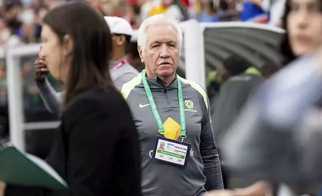 Australia head coach Tom Sermanni looks on before a group stage match against the United States in the SheBelieves Cup women's soccer tournament, Sunday, Feb. 23, 2025, in Glendale, Ariz. (AP Photo/Samantha Chow)