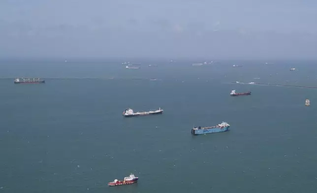 Cargo ships wait to transit the Panama Canal in Colon, Panama, Tuesday, Feb. 4, 2025. (AP Photo/Matias Delacroix)