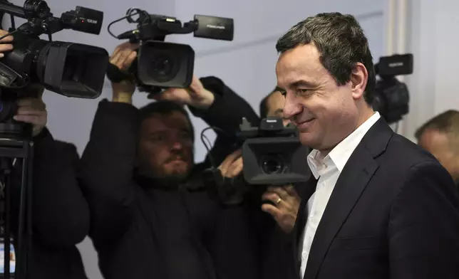 Albin Kurti, President of the left-wing Vetevendosje! party, arrives to vote as Kosovo holds a parliamentary election in Pristina, Kosovo, Sunday, Feb. 9, 2025. (AP Photo/Vlasov Sulaj)