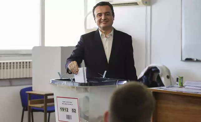 Albin Kurti, President of the left-wing Vetevendosje! party, casts his ballot as Kosovo holds a parliamentary election in Pristina, Kosovo, Sunday, Feb. 9, 2025. (AP Photo/Vlasov Sulaj)
