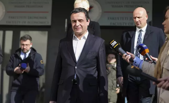 Albin Kurti, President of the left-wing Vetevendosje! party, leaves a voting station as Kosovo holds a parliamentary election in Pristina, Kosovo, Sunday, Feb. 9, 2025. (AP Photo/Vlasov Sulaj)