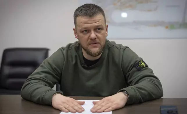 Oleksandr Myronenko, Metinvest Group Chief Operating Officer, talks to the Associated Press during the interview in his office in Zaporizhzhia, Ukraine, Thursday, Feb. 13, 2025. (AP Photo/Efrem Lukatsky)