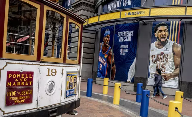 Decorations for the NBA All-Star Weekend are seen along Powell Street in San Francisco, Tuesday, Feb. 11, 2025. (Stephen Lam/San Francisco Chronicle via AP)