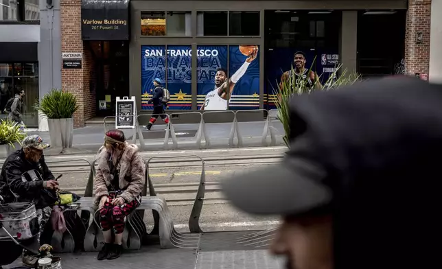 Decorations for the NBA All-Star Weekend are seen along Powell Street in San Francisco, Tuesday, Feb. 11, 2025. (Stephen Lam/San Francisco Chronicle via AP)