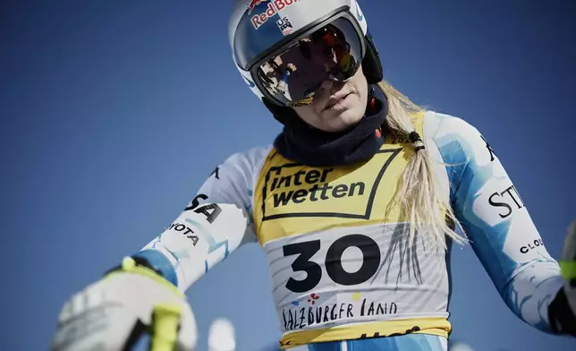 United States' Lindsey Vonn gets ready to start an alpine ski, women's World Championship downhill training, in Saalbach-Hinterglemm, Austria, Tuesday, Feb. 4, 2025. (AP Photo/Gabriele Facciotti)