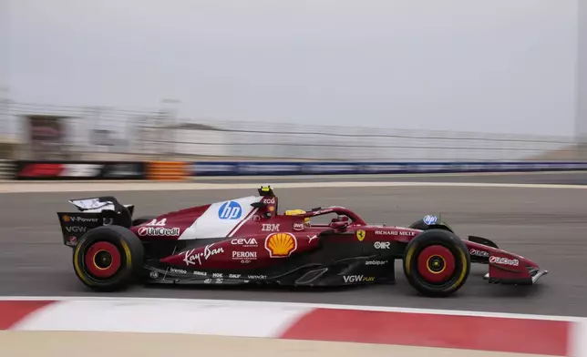 Ferrari driver Lewis Hamilton of Britain in action during a Formula One pre-season test at the Bahrain International Circuit in Sakhir, Bahrain, Wednesday, Feb. 26, 2025. (AP Photo/Darko Bandic)